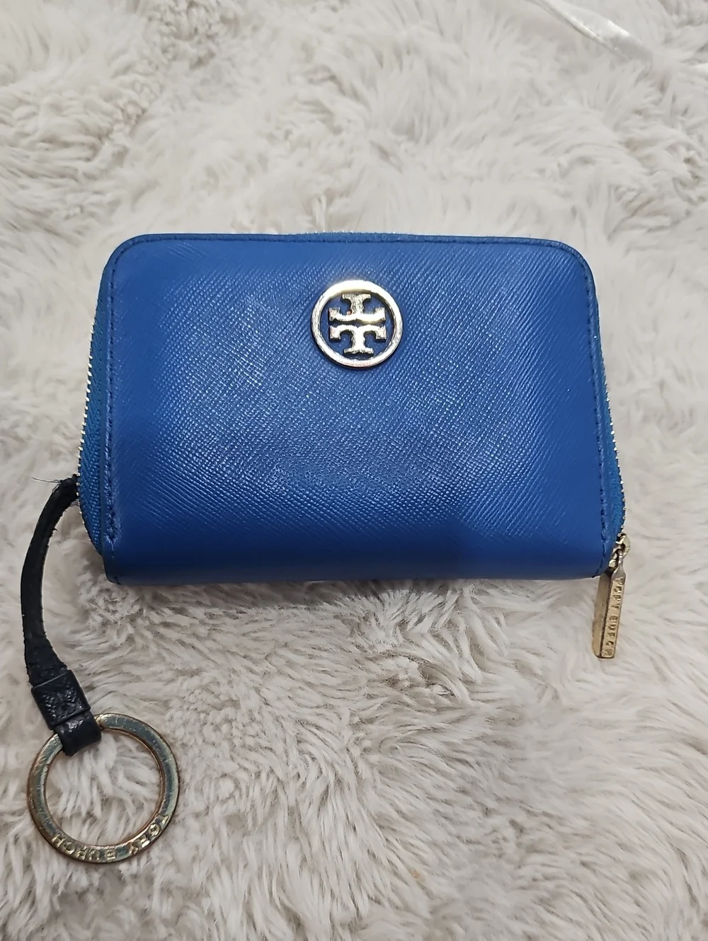 Tory Burch Royal Blue Leather Zip Card Case with Key Ring